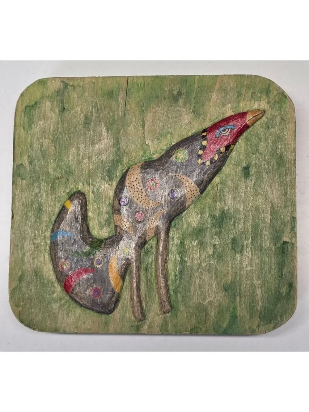 Vintage Handmade Folk Art Fox Wood Plaque Hand Carved Woodburned Painted Wall Ar